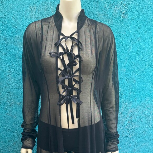 Catherine Coatney vintage black mesh duster coat robe goth small medium EUC - Picture 2 of 5